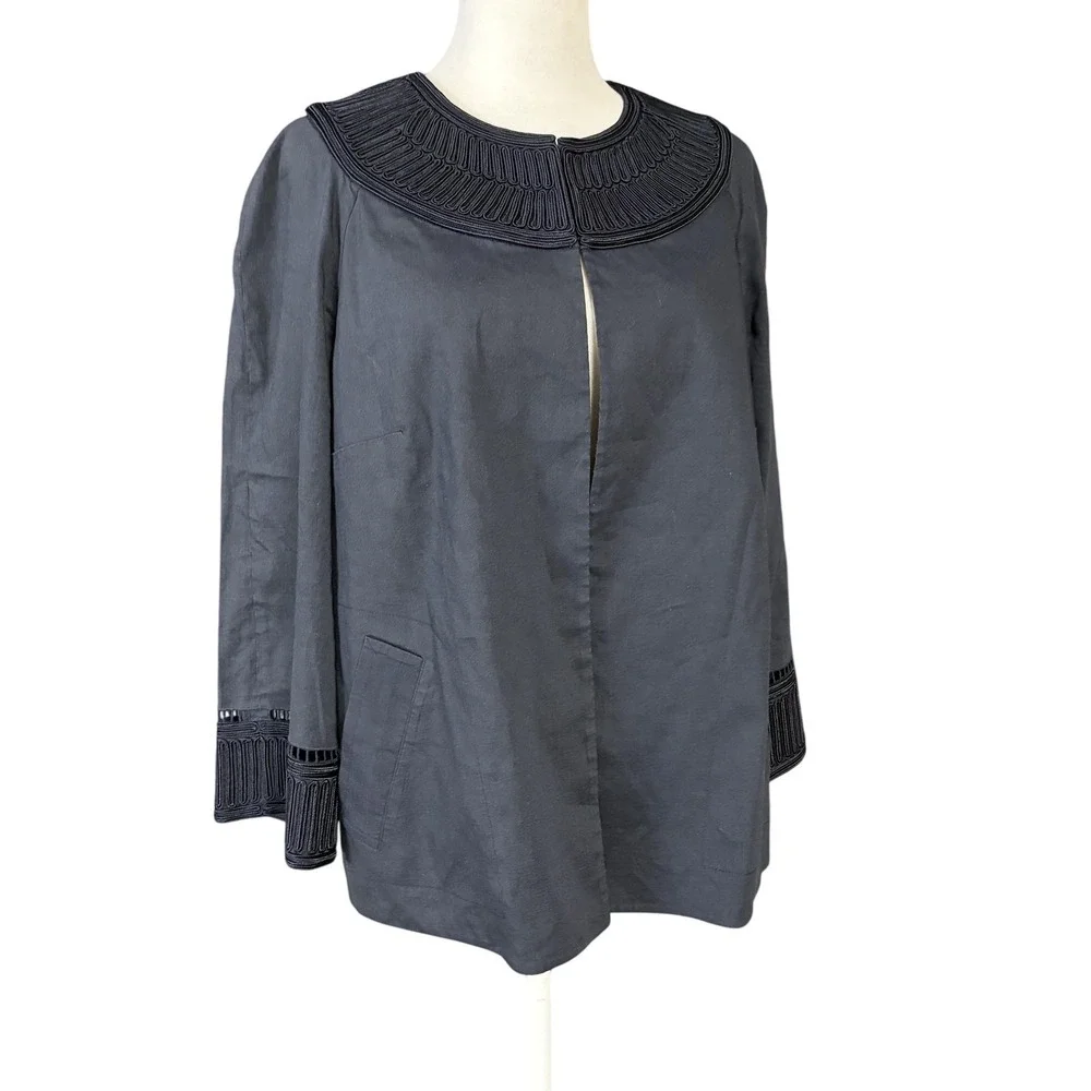 Anne Klein Jacket Womens 14 Blue Linen Blend Embroidered Collar Open Front